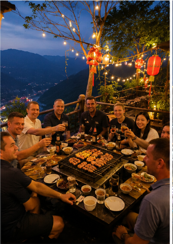 Cena di benvenuto al Mountain BBQ a Chongqing, Cina