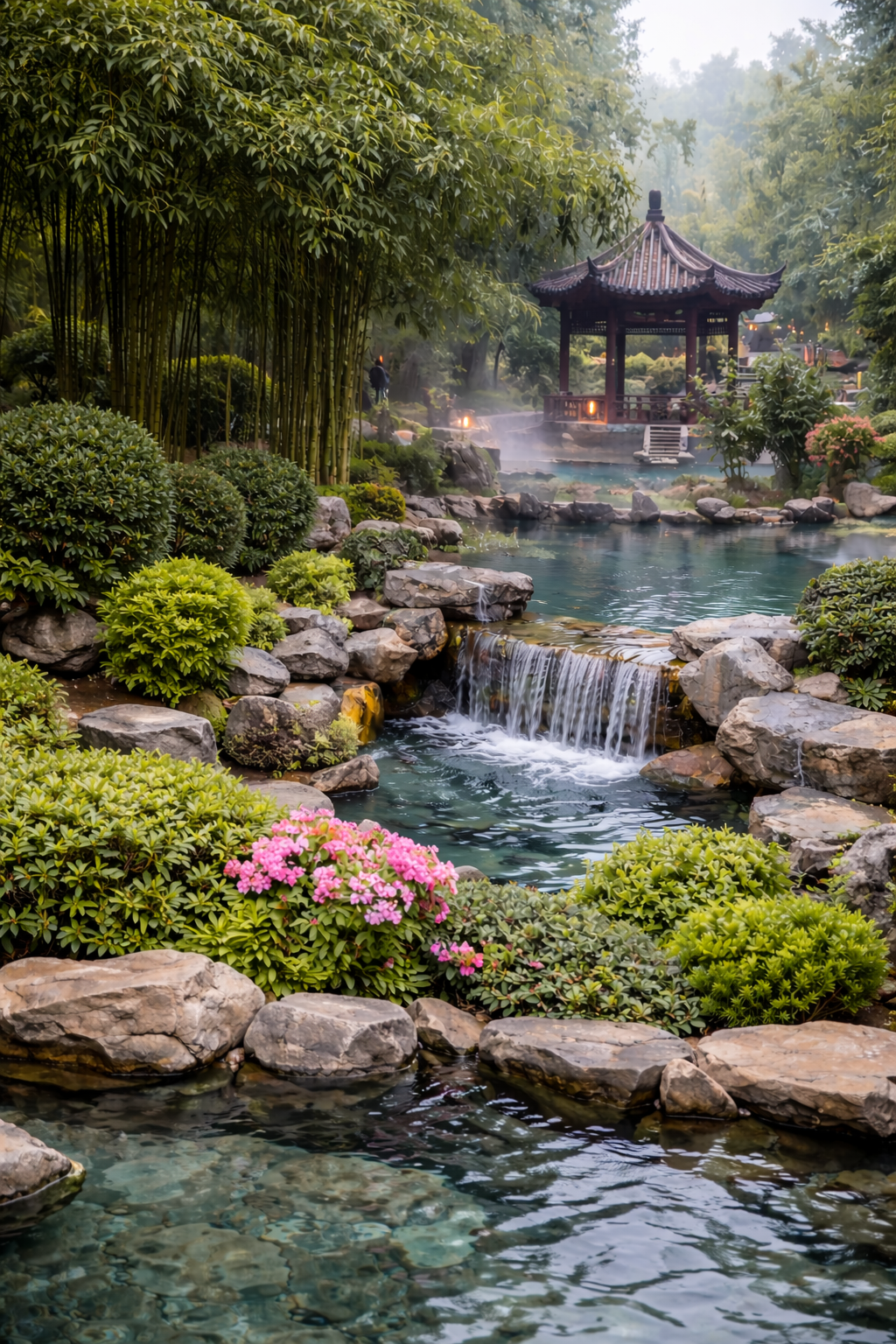 Area giardino panoramica e zona piscina a Ronghui Hot Springs