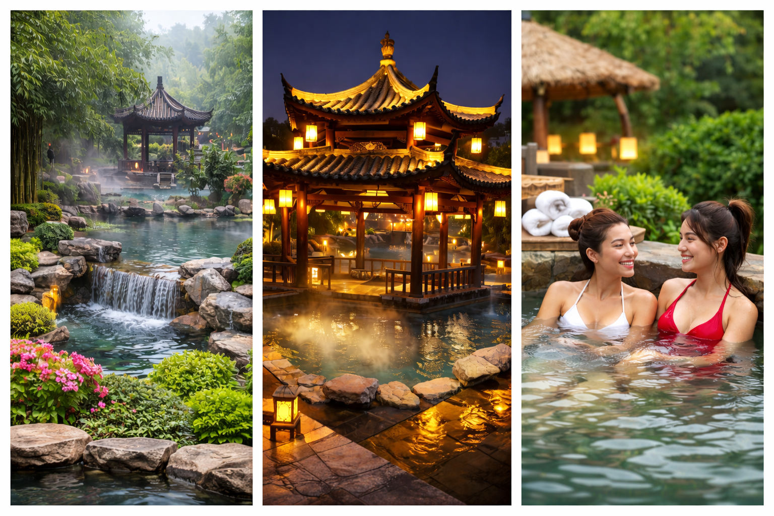 Ronghui Hot Springs a Chongqing con vapore che sale dalla piscina principale all’aperto