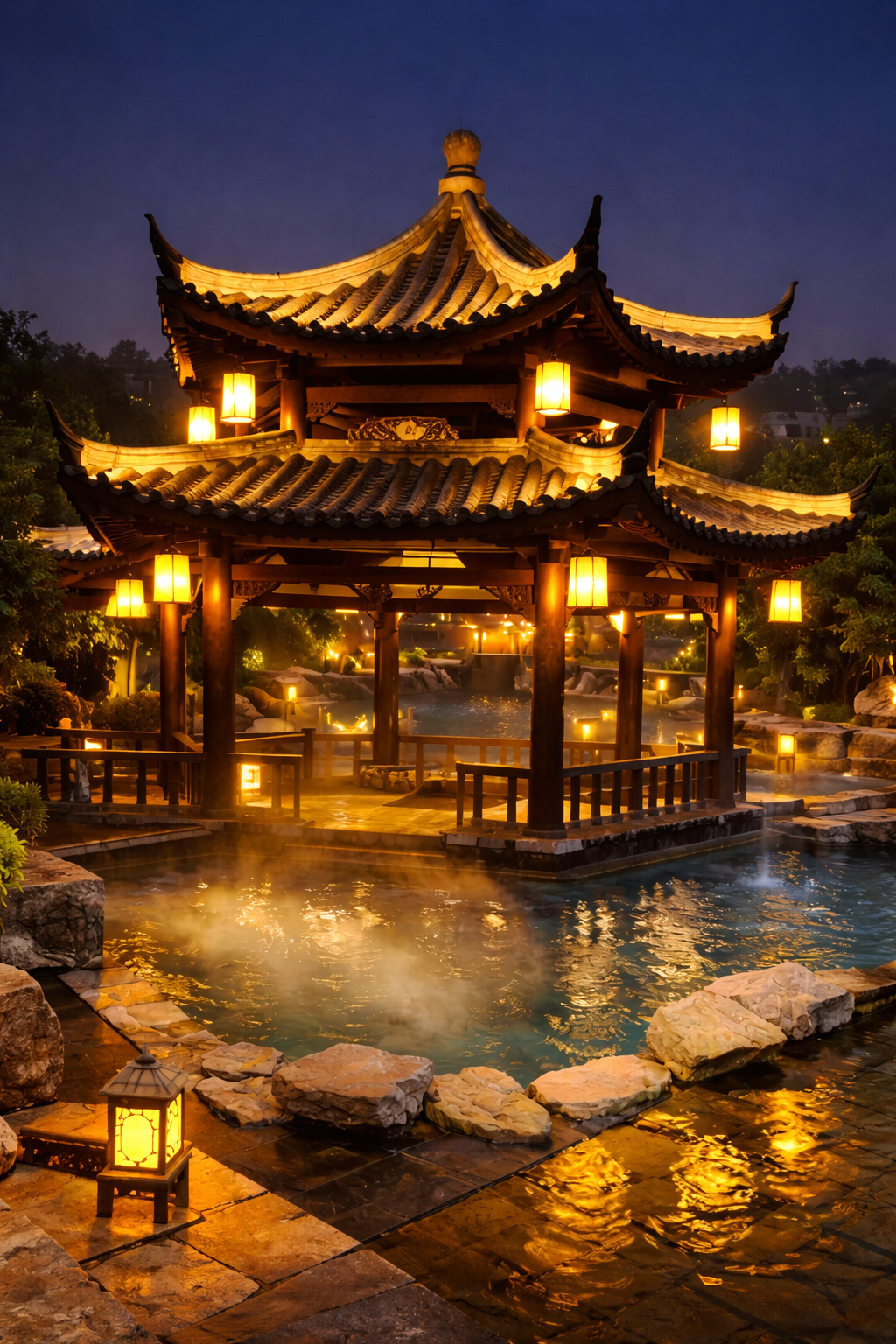Area termale coperta con vapore e pietra naturale a Ronghui Hot Springs