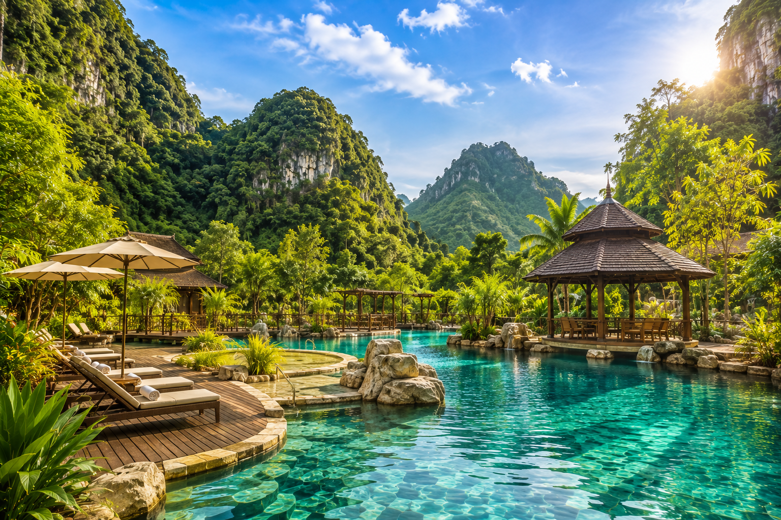 Piscina e colline calcaree del Banjaran Hotsprings Retreat in Malesia