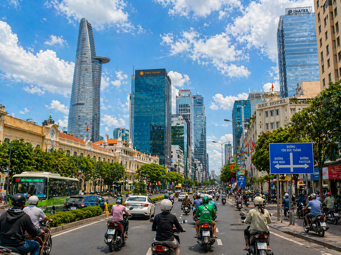 Strade di Saigon con skyline moderno e vita locale