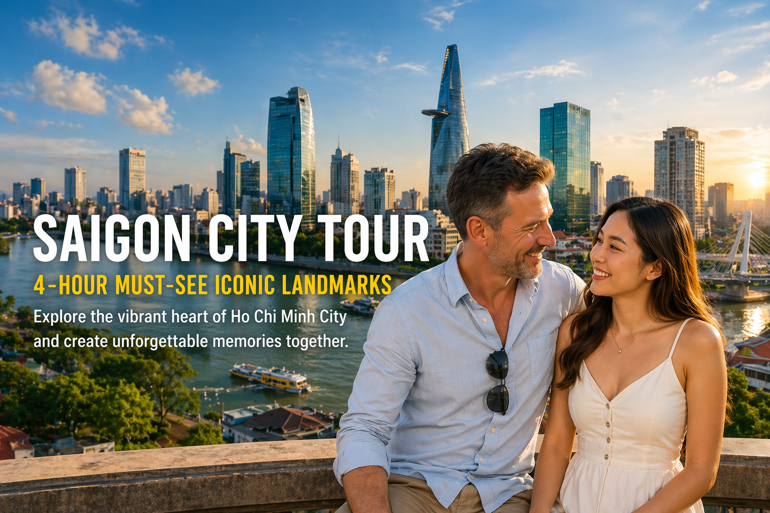 Tour della citt&agrave; di Saigon con lo skyline di Ho Chi Minh City e una coppia che visita il Vietnam